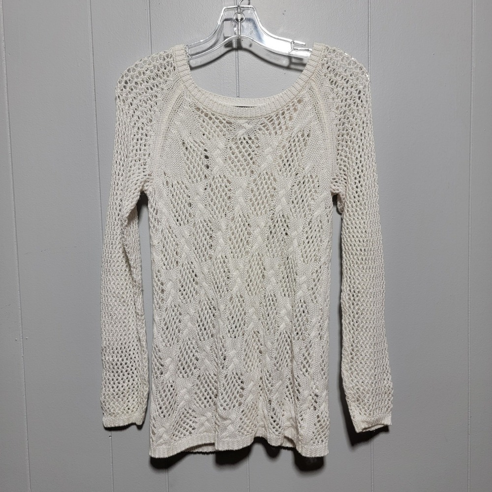 Jessica Simpson White Crochet Knit Sweater Long Sleeve Open‎ Weave Pullover Top